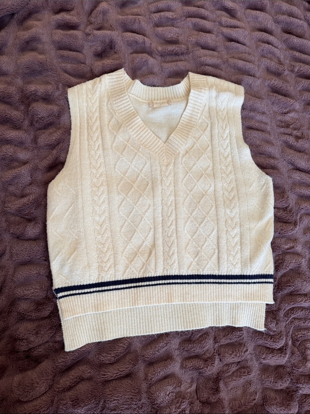 Altar'd State Cream Cable Knit V-Neck Sweater Vest with Navy Trim